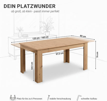 Uittrekbare Eettafel – Uitklapbare Tafel – Verlengbare Keukentafel – Multifunctionele Tafel – Eetkamertafel – Massief Hout – 120x80 cm Uitbreidbaar tot 160 cm – Geschikt voor 6 Personen