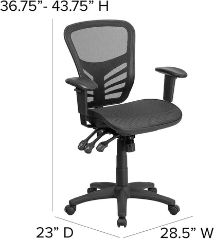 Flash Furniture Mid-Back Transparante Zwarte Mesh Multifunctionele Executive Draaibare Ergonomische Bureaustoel met Verstelbare Armen, Metaal, 58.42 x 72.39 x 111.13 cm