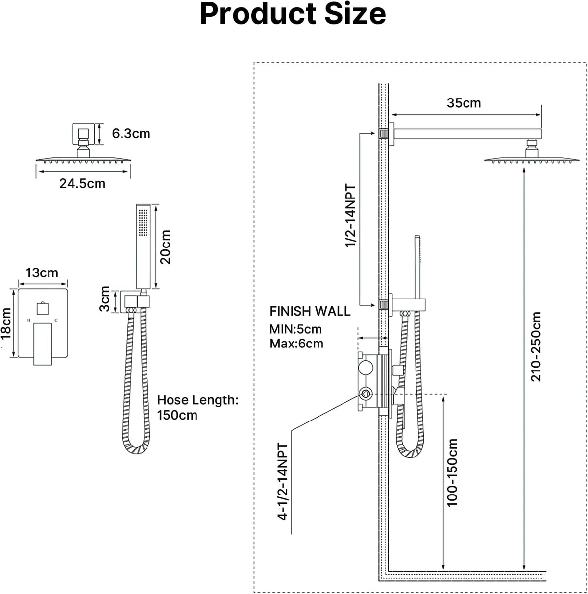 Inbouw douchearmatuurset – Inbouwdouchesysteem – Doucheset – Regendoucheset – Douchekraanset – Matzwart – 10 inch 25 x 25 cm regendouchekop – Handdouche met 150 cm RVS slang