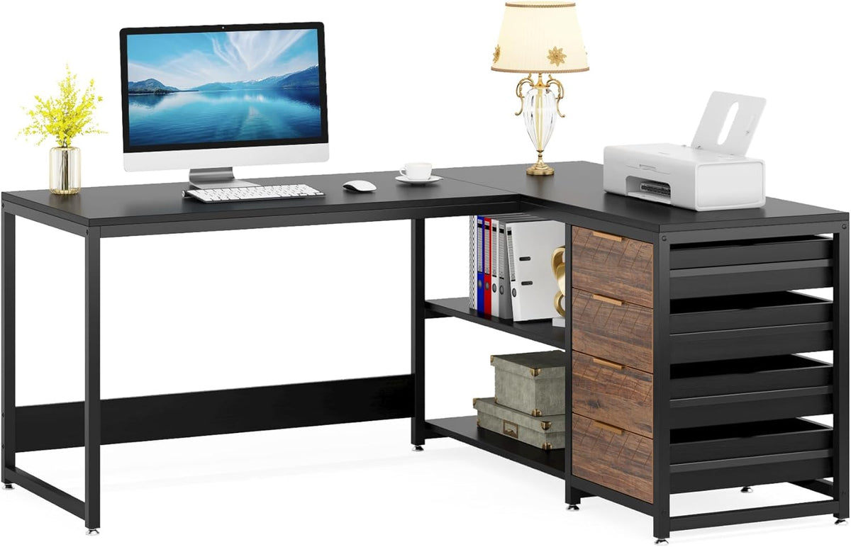 Tribesigns L-Shaped Computer Desk with Storage Drawers, 150cm Corner Desk with Shelves, Reversible L Shaped Office Desk Study Writing Desk Workstation for Home Office, Black