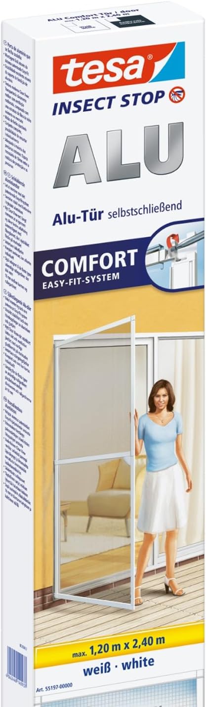tesa INSECT STOP Aluminium For Doors Frame Fly Screen XL - hor met aluminium frame, helder zicht, wit - 120 x 240 cm