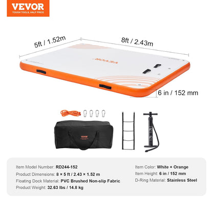 VEVOR Opblaasbaar drijvend dok, 8 x 5 ft opblaasbaar dockplatform, antislip waterdrijvende dokmat met draagbare draagtas en afneembare ladder, drijvend platform eilandvlot voor zwembad, strand, oceaan