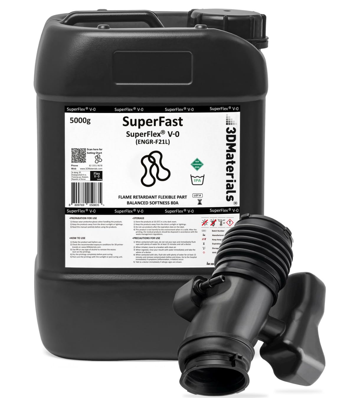 SuperFlex UL94 V-0, hars voor 3D-printers, vuurvaste onderdelen simulatie flexibel rubber 80A, gemaakt in Korea door 3DMaterials (5000 g, transparant)
