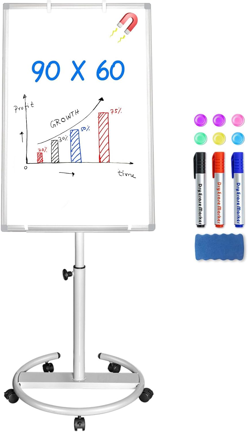 Maxtek Draagbaar magnetisch en droog uitwisbaar mobiel whiteboard met ezel 90 x 60 cm (zilver)