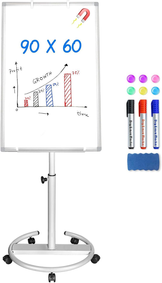 Maxtek Draagbaar magnetisch en droog uitwisbaar mobiel whiteboard met ezel 90 x 60 cm (zilver)