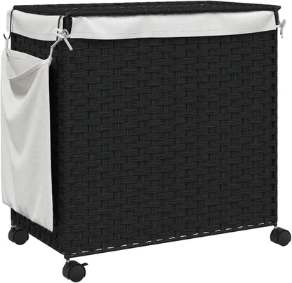 Gecheer Laundry Basket with Wheels, Black, 60 x 35 x 60.5 cm, Rattan, Laundry Basket, Laundry Basket, Laundry Basket for Baby Clothing, Bed Linen Shoes, 372042 - QUORE