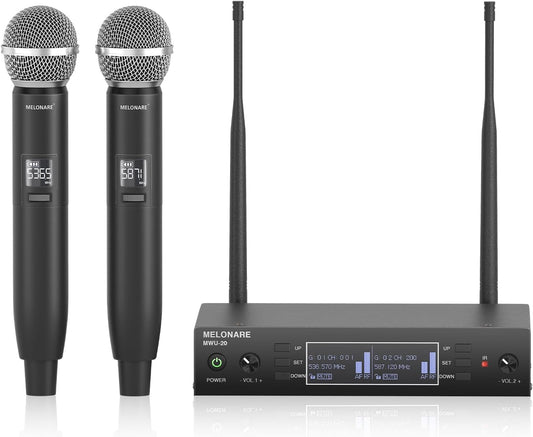 Draadloze microfoonset – Professionele microfoonset – Draadloze microfoon – UHF microfoon – Karaoke microfoon – 2 Handmicrofoons – Auto-Scan en IR-Synchronisatie – Bereik tot 100 meter