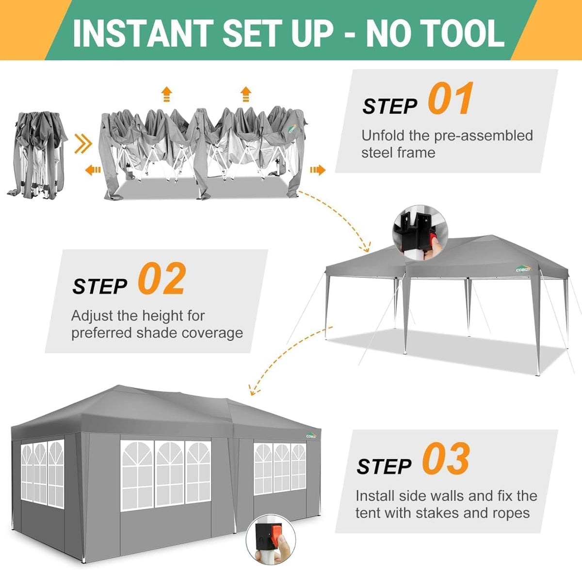COBIZI Vouwpaviljoen, 3 x 6 m, waterdicht, stabiel, outdoor partytent, 3 x 6 m, met 6 zijwanden, anti-uv tuinpaviljoen, pop-up campingpaviljoen, voor bruiloften, buiten, tuin, feest, markt, grijs