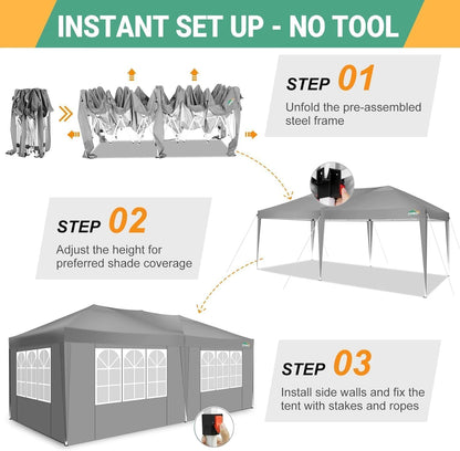 COBIZI Vouwpaviljoen, 3 x 6 m, waterdicht, stabiel, outdoor partytent, 3 x 6 m, met 6 zijwanden, anti-uv tuinpaviljoen, pop-up campingpaviljoen, voor bruiloften, buiten, tuin, feest, markt, grijs