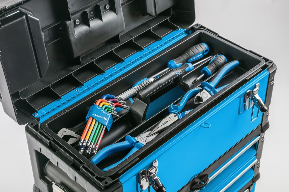 HÖGERT Technik Gereedschapskist - 3-delig, modulair, mobiele servicekast met laden, 45 kg capaciteit, geïntegreerde wielen en telescopische handgreep, ideaal voor onderhoudsdiensten, werkplaatsen en