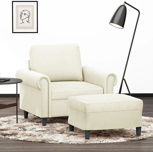 Fauteuil met Kruk – Loungestoel – Moderne Stoel – Armleuningstoel – Leesstoel – Crème Fluweel – Comfortabele Zitting – Stevig Frame