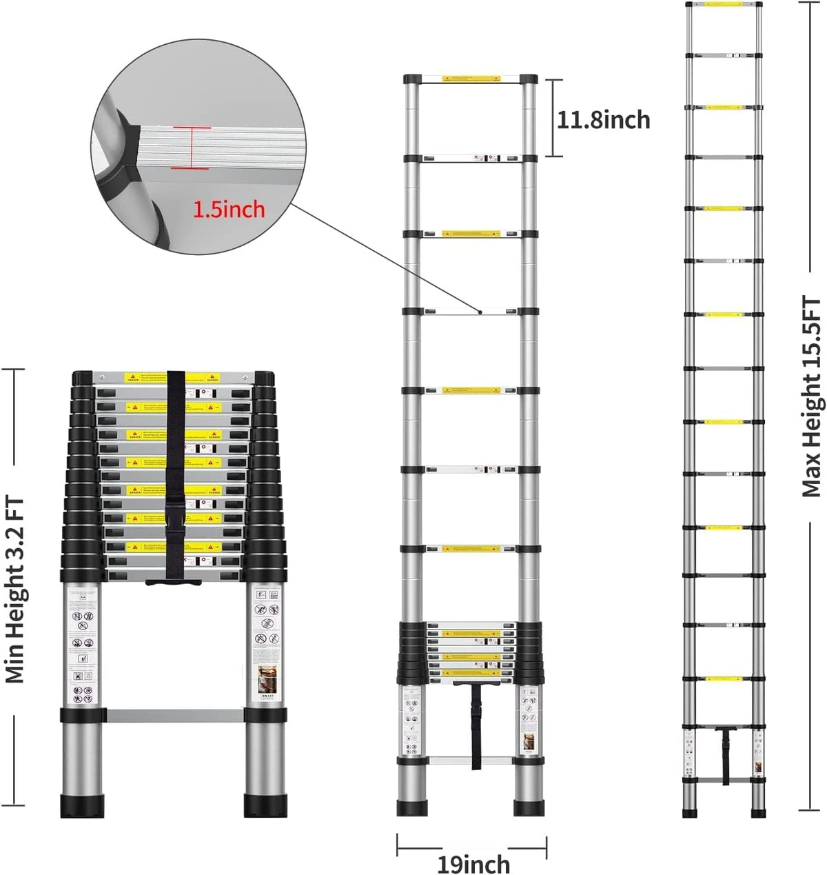 BOWEITI 15,5 ft telescopische ladder, draagbare aluminium verlengladder met stabilisatoren, lichtgewicht, compacte telescopische ladder 330 lb-capaciteit, uitbreidingsladder voor thuis, buiten (15,5