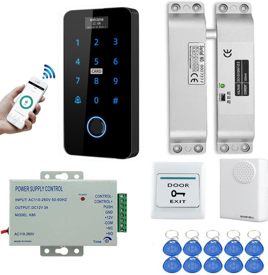 YAVIS Tuya WiFi Kit met Scherm Waterdichte Vingerafdruk Access Controller Touch Screen RFID Toetsenbord Reader 125KHz/13,56MHz, NC Bolt Lock, Voeding, Deurbel