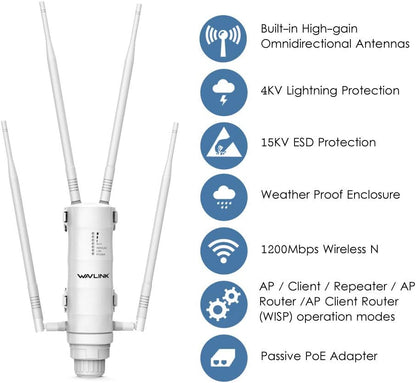 WAVLINK AC1200 Outdoor Mesh Extender/router, Long Range IP65 waterdicht, wifi-repeater met passieve/actieve POE, dual-band 5G + 2,4G, 4x7dBi Omni-antennes, ondersteunt Fat/Fit AP