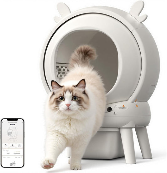 Zelfreinigende kattenbak, 65 liter, elektrische kattenbak met 9 veiligheidssensoren, 2,4 GHz app-bediening, automatische kattenbak, inklembeveiliging, veilige kattenbak, automatisch voor meerdere