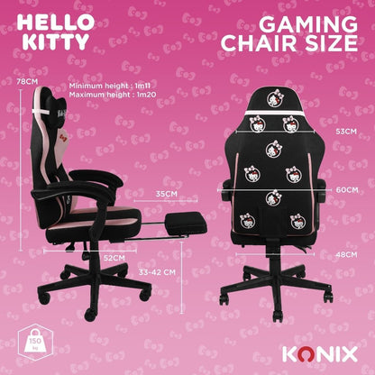 Konix Hello Kitty Gaming-bureaustoel, zithoek 150 graden, frame van hout en metaal, kussens, voetensteun, zwart en roze