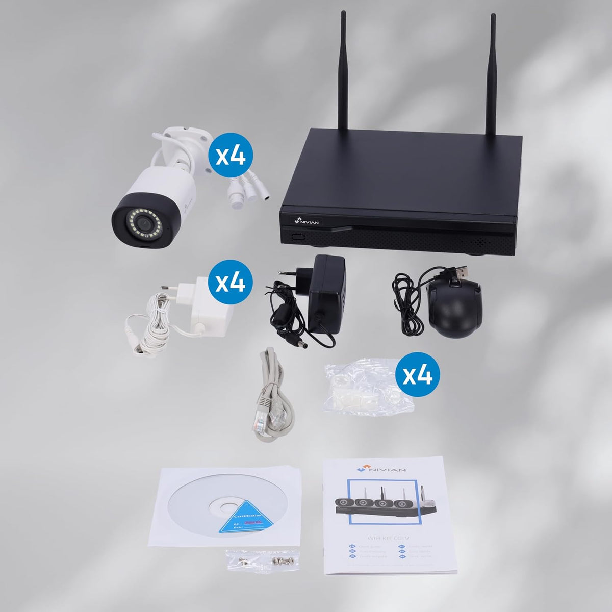 NIVIAN Professionele WLAN-bewakingscameraset, SuperHD met 4 IP-camera's en 10-kanaals recorder, voor thuis en op de winkel, nachtzicht, menselijke detectie IA, bidirectionele audio, eenvoudige