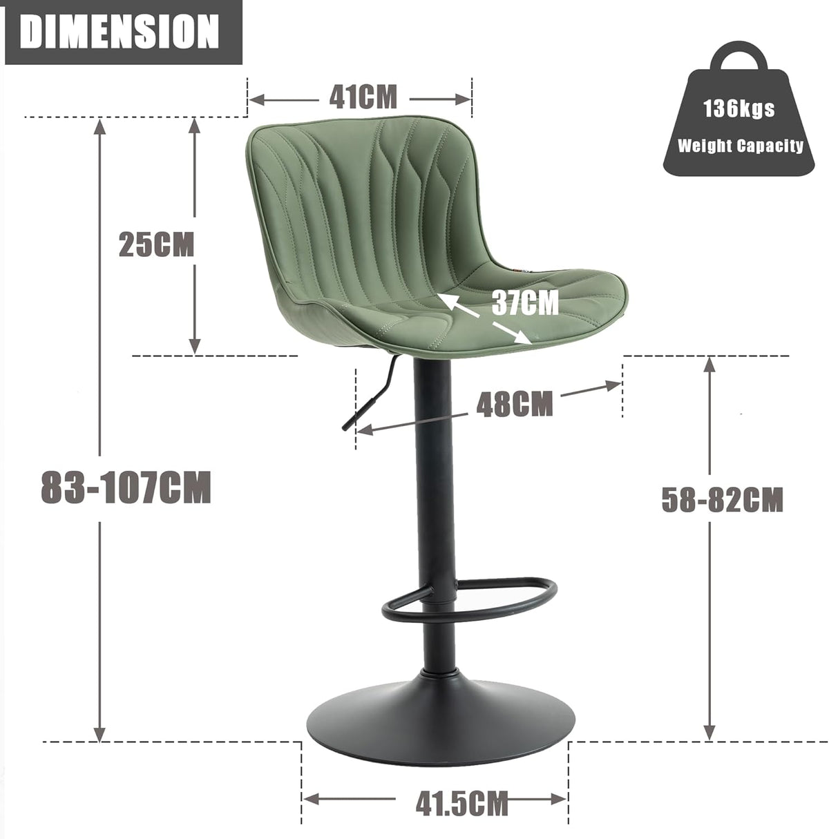 YOUNIKE Barkruk, 2-delige set, draaibare hoogteverstelling, barstoel van kunstleer, bekleding, barstoelen, thekenhocker, moderne barstoelen, keukenstoel met hoge oorleuning, bonengroen