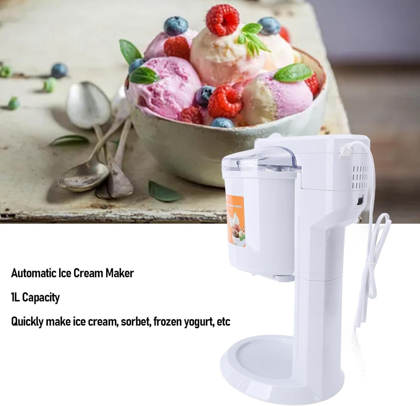 Elektrische Ijsmachine – Automatische Ijsmaker – Sorbetmachine – Yoghurtmaker – IJsbereider – 1 Liter Capaciteit – Stil en Gemakkelijk Schoon Te Maken