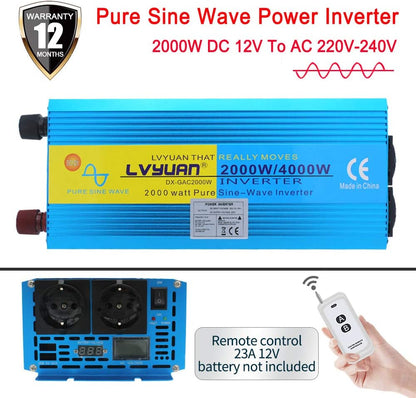 Pure Sine Wave Power Inverter 2000W DC 12V naar AC 240V converter met draadloze afstandsbediening & dubbele EU-stopcontacten voor RV Truck Car