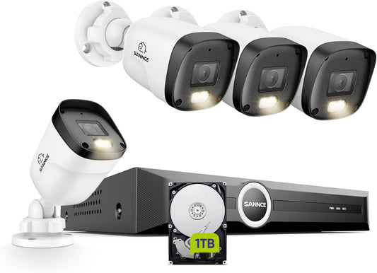 SANNCE PoE Bewakingscameraset, 5MP, 8CH NVR + 4 x 3 MP, waterdichte camera met 1 TB harde schijf, smart IR-leds, bewegingsdetectie, app-alarm, nachtzicht tot 20 meter