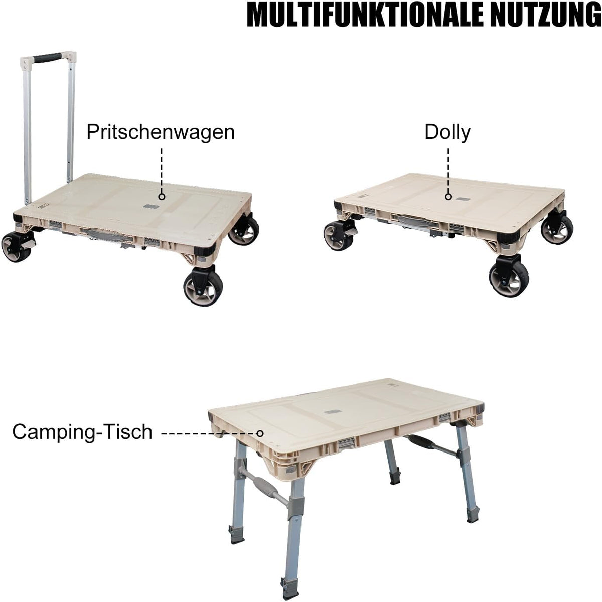 Opvouwbare Platformkar – Platformwagen, Transportkar, Dolly, Handtruck – 3-in-1 Campingtafel – Tot 100 Kg Draagvermogen, 360° Zwenkwielen