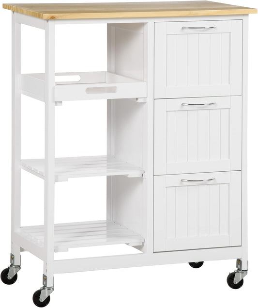 HOMCOM Kitchen Trolley with 3 Drawers, Kitchen Trolley with 3 Levels, Storage Trolley with Worktop, for Kitchen, White, 67 x 37 x 85 cm - QUORE