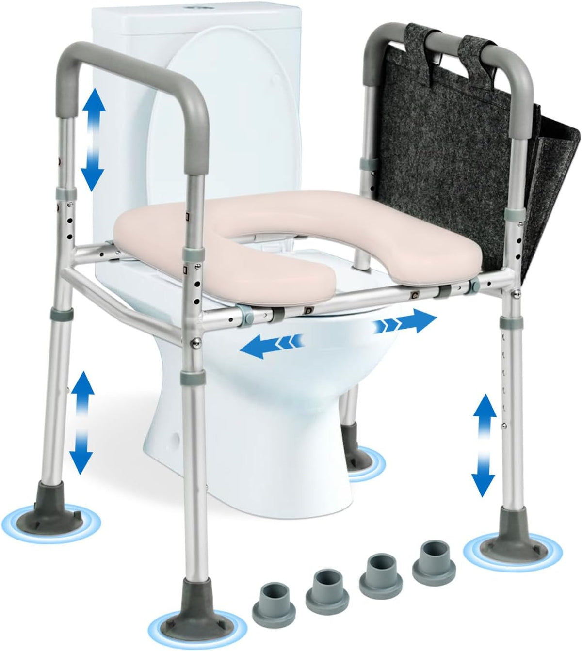 NJUN Toiletbrilverhoging met armleuningen, in hoogte verstelbaar, 66-84 cm, toiletbrilverhoger met gevoerde zitting en aluminium frame, wc-zitverhoging, toiletten, opstahulp voor senioren