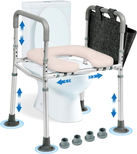 NJUN Toiletbrilverhoging met armleuningen, in hoogte verstelbaar, 66-84 cm, toiletbrilverhoger met gevoerde zitting en aluminium frame, wc-zitverhoging, toiletten, opstahulp voor senioren