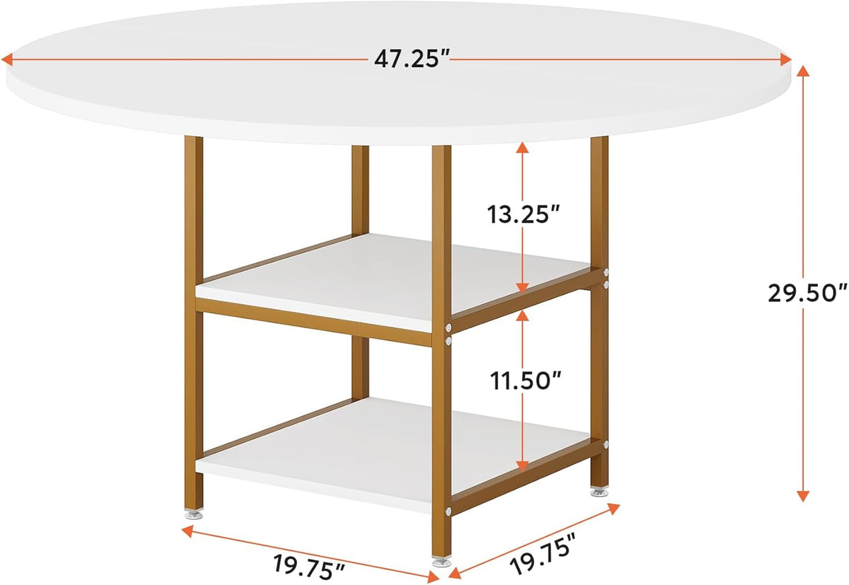 Tribesigns Round Dining Table with Shelves, 4 Persons, Round Dining Table, Kitchen Table with Wooden Top, for Dining Room, Living Room, Kitchen, White Gold