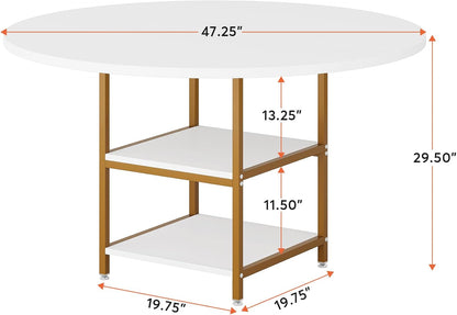 Tribesigns Round Dining Table with Shelves, 4 Persons, Round Dining Table, Kitchen Table with Wooden Top, for Dining Room, Living Room, Kitchen, White Gold