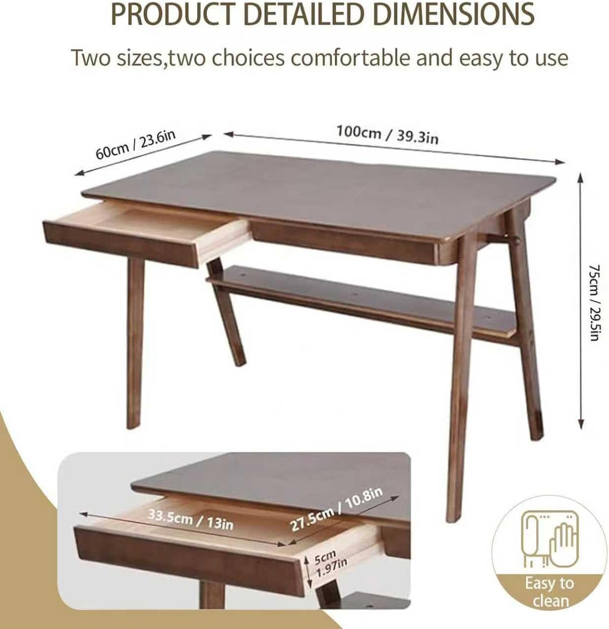 Massief Houten Bureau, Mid-Century Modern Design, Met 2 Lades en Onderplank, Ideaal voor Thuiskantoor (Okkernoot, 100 * 60)