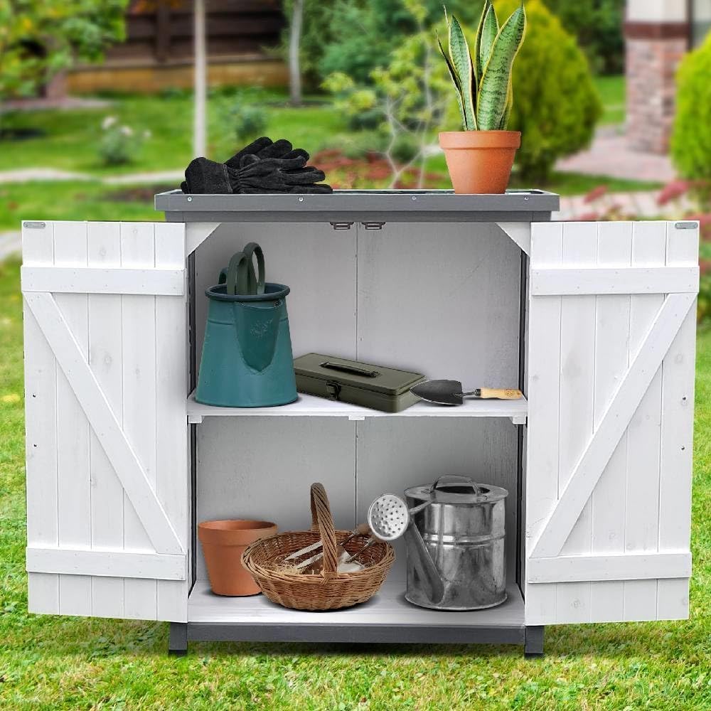 Melko Garden cabinet, white/grey, tool shed with 2 doors, storage cabinet - QUORE