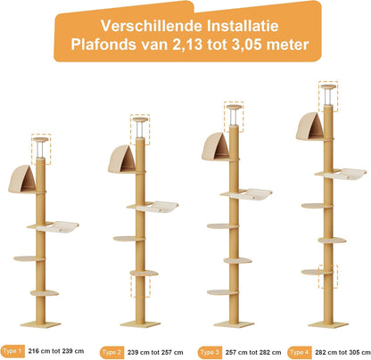 Klimboom Kat – Krabpaal – Speelton – Kattenboom – Krabmeubel – Verstelbare Hoogte 1,8-3 m – Superstabiel Tot 65 kg – Beige