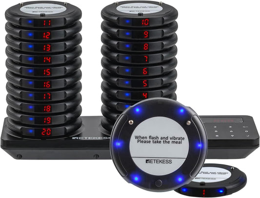 Retekess TD163 Oproepsysteem Restaurant, 20 Pagers, 400M, Blauw LED Licht, 31 Oproepmodi, 20H Standby, Touchscreen Toetsenbord, Semafoonsysteem voor Restaurant, Hotel, Bar