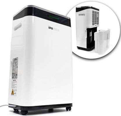 IPOTOOLS Luchtontvochtiger, 25 liter, 24 uur, ruimteontvochtiger voor ruimtes tot 70 m2, met 3 bedrijfsmodi, digitaal display, afvoerslang, wasdroger, timer voor vocht, schimmel, mobiel, 25 liter