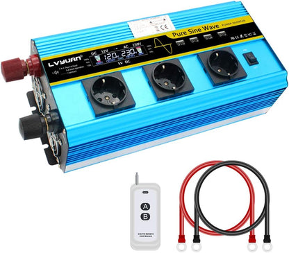 Pure Sine Wave Inverter Power Inverter 2500W / 5000W DC 12V naar AC 230V / 240V converter met LCD-display 3 EU-uitgangen & 4 USB-poortinverter voor auto Caravan RV kampeerboot
