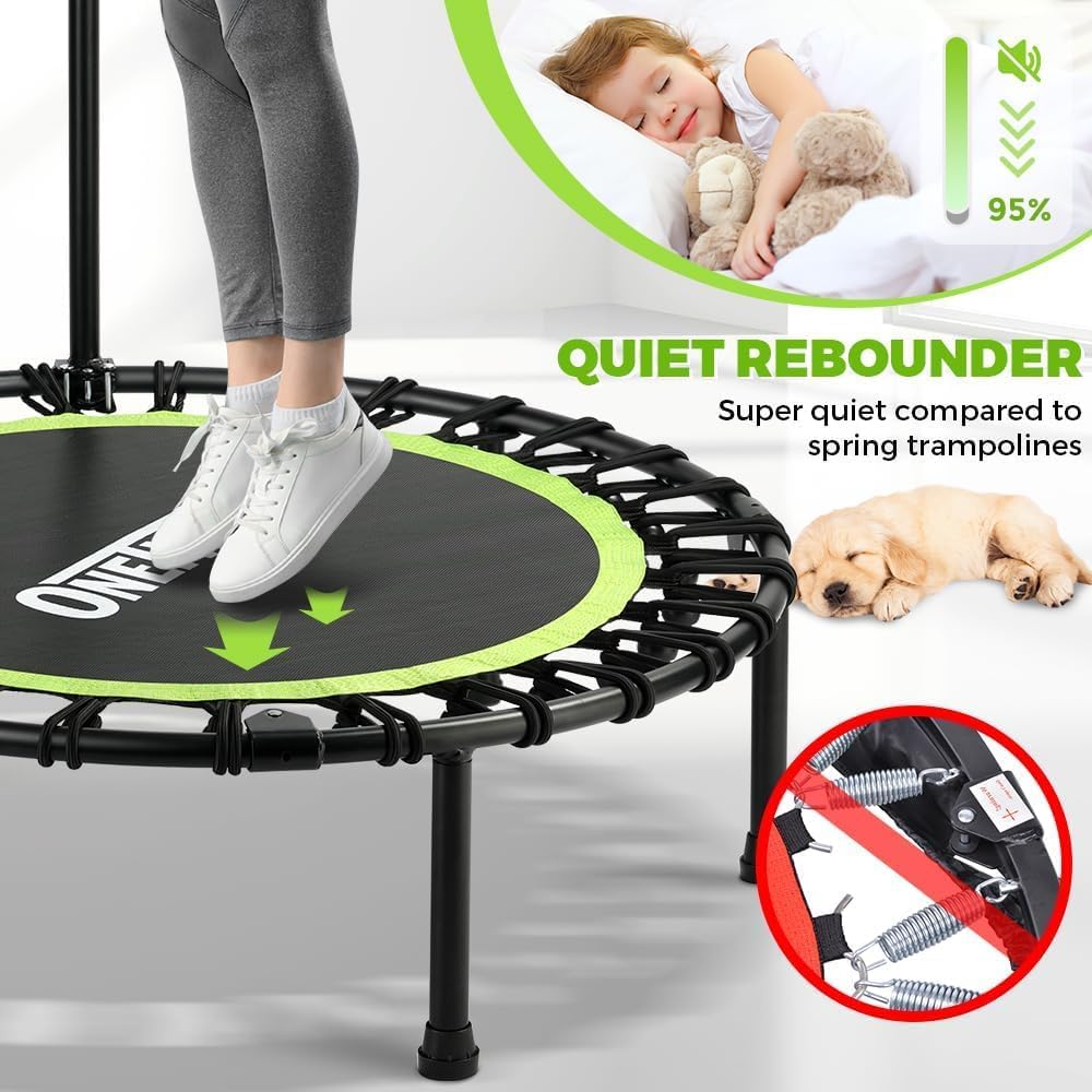 ONETWOFIT Opvouwbare trampoline voor volwassenen, 101,6 cm/106,7 cm/114,3 cm, mini-fitnesstrampoline, stabiele en stille trainingstrampoline met duurzame bungees voor persoonlijke indoor tuintraining
