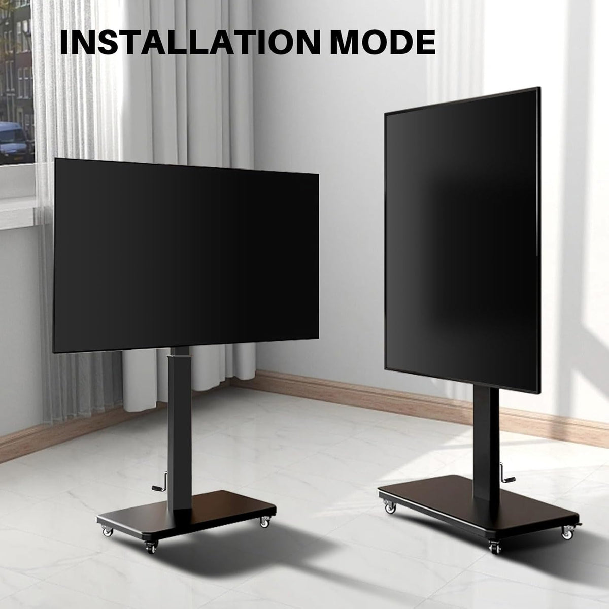 Rollende tv-standaard met handzwengellift, mobiele tv-kar voor 42-75 inch tv's, portret naar landschap, vrije hoogte verstelbaar voor maximaal 110 lbs, Max VESA 600 x 500 mm (42-75 inch tv's)