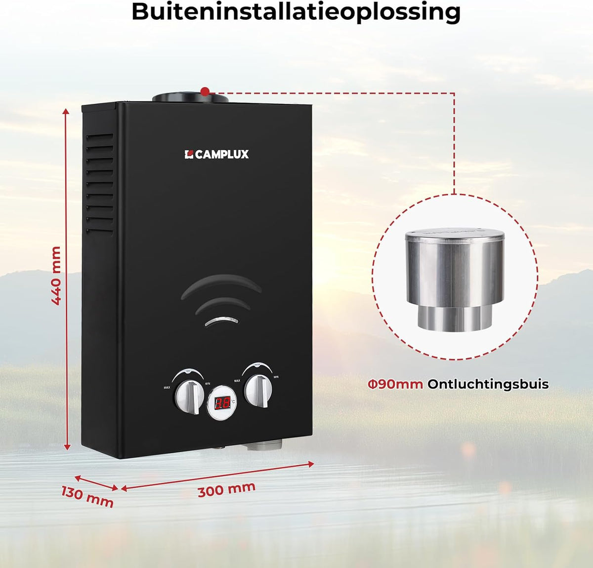 CAMPLUX Tankloze 6 Liter Gasdoorstroomboiler met 12 V Waterpomp en Regenhoes, 50 mbar, LPG, voor Campingdouche/Wapaard, BW158BCP60-DE