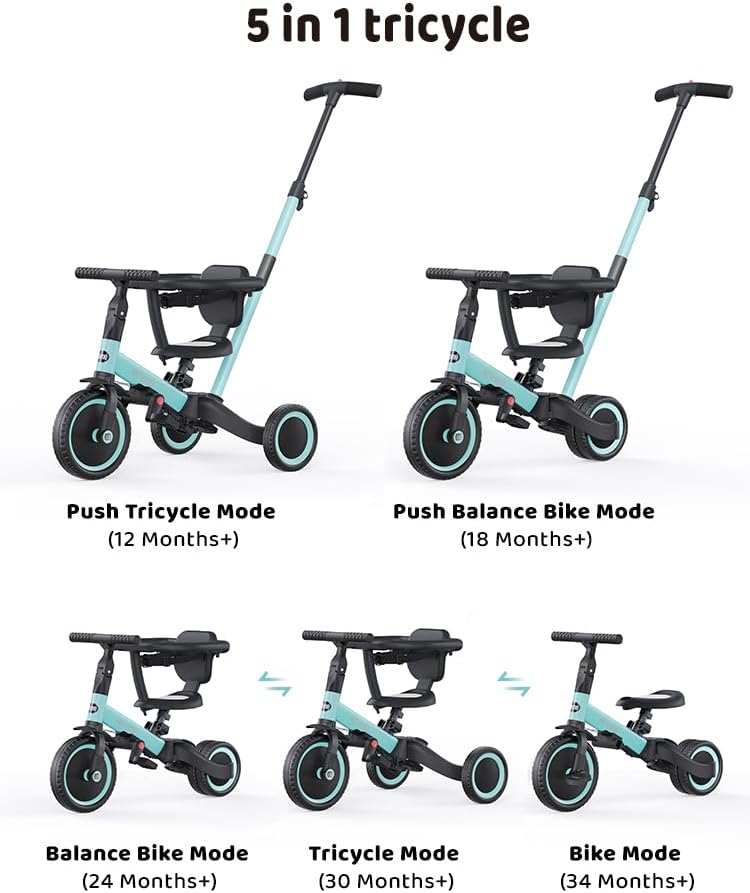 newyoo driewieler voor 1-3 jaar, peuterfiets, loopfiets met ouderduwstang, verjaardagscadeau & loopfiets voor jongen & meisje, 5-in-1 kinderdriewieler met veiligheidsbeugel, TR008, blauw