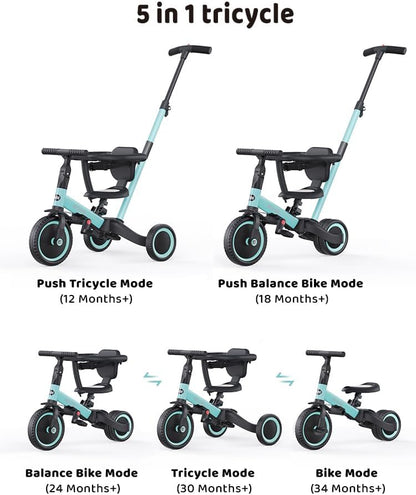 newyoo driewieler voor 1-3 jaar, peuterfiets, loopfiets met ouderduwstang, verjaardagscadeau & loopfiets voor jongen & meisje, 5-in-1 kinderdriewieler met veiligheidsbeugel, TR008, blauw