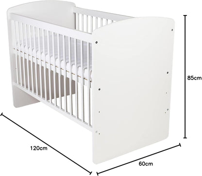 Babybedje – Ledikant – Babybed – Bedje – Reisbedje – Verstelbare Bodem 3 Hoogtes – Massief Dennenhout & MDF – 120x60 cm – Wit Gelakt