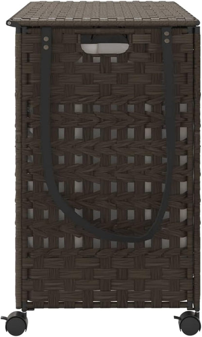Wasmand Met Wieltjes – Wasbak – Laundry Basket – Wascontainer – Wasmand Rattan – Handgeweven Rattan & 3 Vakken – Inclusief Wielen Met Remmen