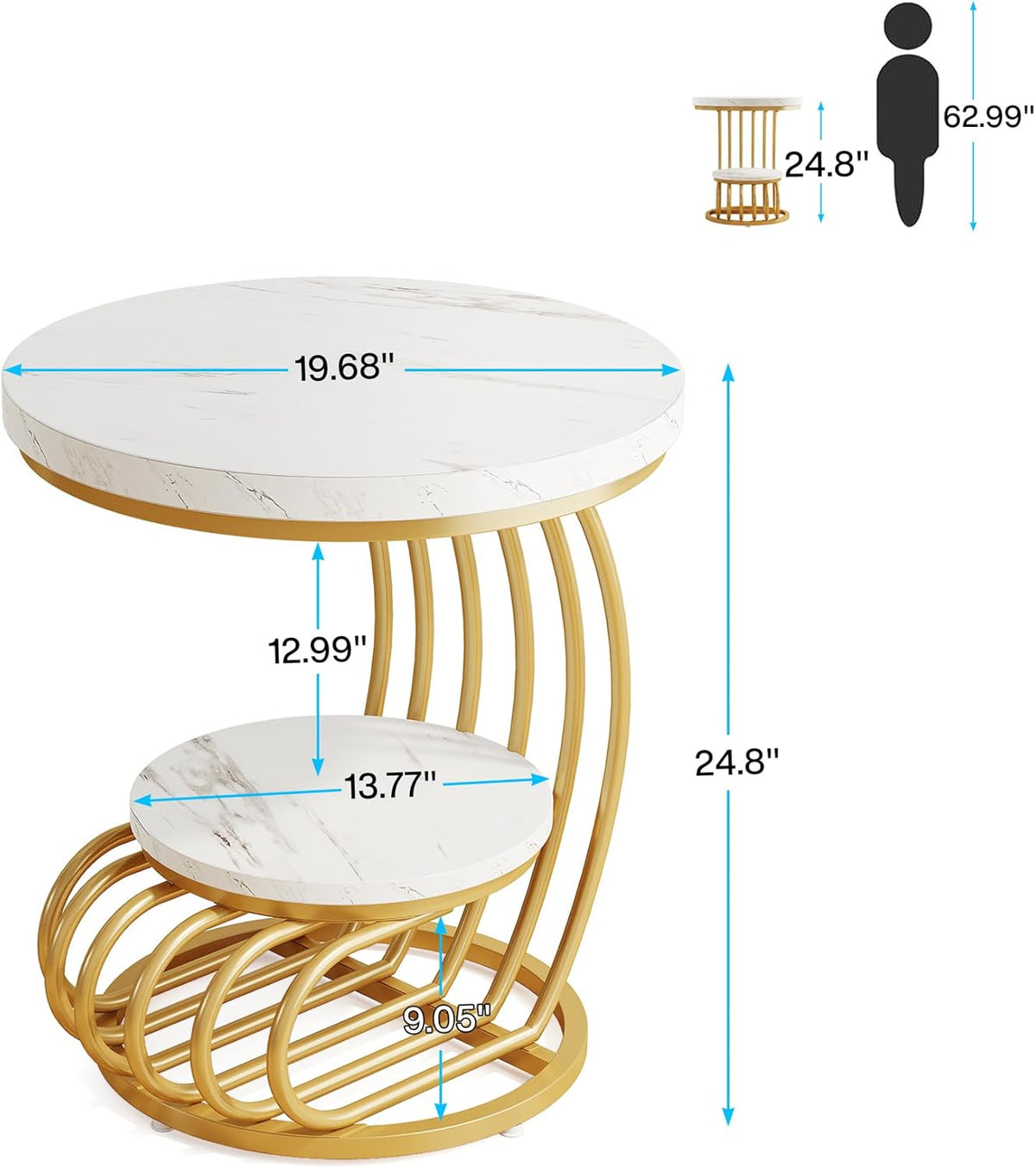 Tribesigns Golden Round Side Table: 2-stage side table in set of 2 with storage compartment, modern bedside table in white gold, accent table made of metallic imitation marble for the living room (1 pc.)