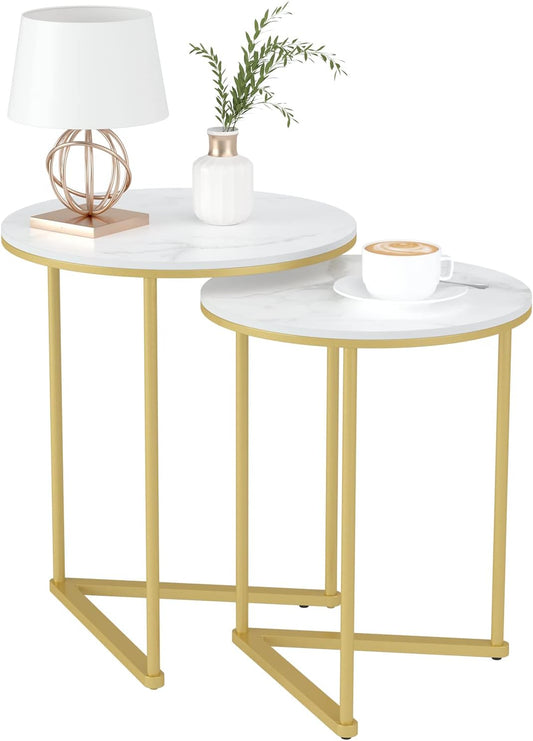 Marmeren Top Bijzettafel Goud: 2 Nesting Kleine Sofa End Tafels Ronde Nachtkastje Nest Sets Hoogglans Gesinterd Stenen Marmeren Tafelblad met Gouden Metalen Benen Geneste Accent Tafels voor Woonkamer
