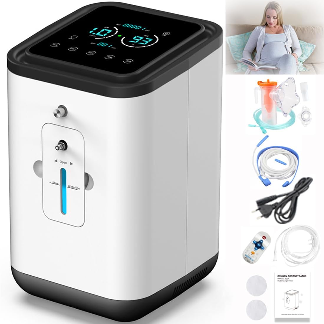 Zuurstofconcentrator, zuurstofmachine voor thuis, 93% zeer zuivere zuurstofconcentrator voor thuis, 1-7 l/min instelbaar, 45 dB geluidsarm, met verstuivingsfunctie