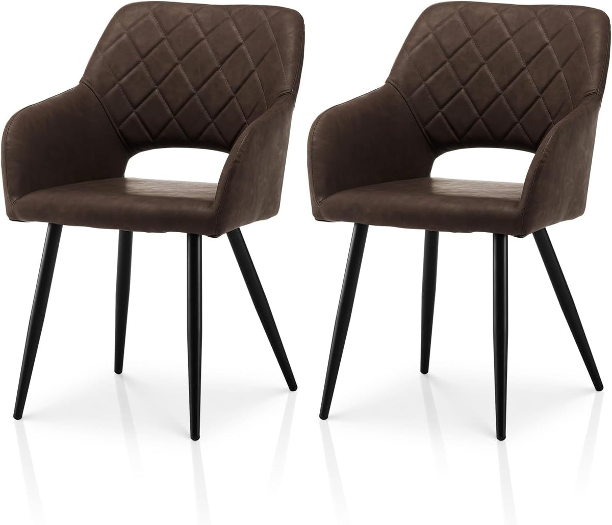 TUKAILAI Set van 2 kunstleren eetkamerstoelen, gestoffeerd, met open rugleuning, armleuningen, gevoerde zitting, metalen poten, stoelen voor woonkamer, eetkamer, keuken, bruin - QUORE