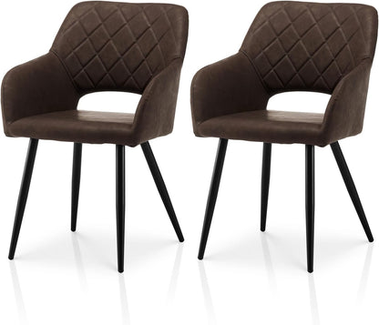 TUKAILAI Set van 2 kunstleren eetkamerstoelen, gestoffeerd, met open rugleuning, armleuningen, gevoerde zitting, metalen poten, stoelen voor woonkamer, eetkamer, keuken, bruin - QUORE