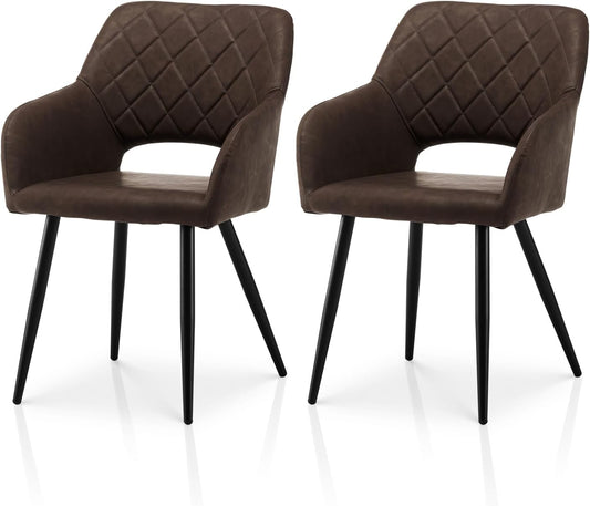 TUKAILAI Set van 2 kunstleren eetkamerstoelen, gestoffeerd, met open rugleuning, armleuningen, gevoerde zitting, metalen poten, stoelen voor woonkamer, eetkamer, keuken, bruin - QUORE